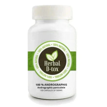 Charger l'image dans la galerie, L'image montre un flacon de complément alimentaire à base d'Andrographis paniculata, étiqueté "Herbal D-tox". Le produit est décrit comme 100 % naturel et contient 100 gélules de 500 mg chacune. L'étiquette met en avant les bienfaits naturels du produit, soulignant son origine végétale et ses propriétés potentielles pour la santé.