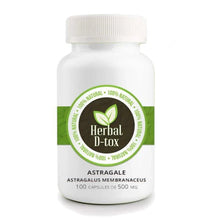 Charger l'image dans la galerie, L'image présente un flacon de complément alimentaire à base d'Astragale (Astragalus membranaceus). Le produit est étiqueté "Herbal D-tox" et est décrit comme 100 % naturel. Le flacon contient 100 gélules de 500 mg chacune. L'étiquette met en avant les bienfaits naturels du produit, soulignant son origine végétale et ses propriétés potentielles pour la santé.