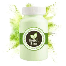Charger l'image dans la galerie, Flacon de Herbal D-tox avec fond vert éclaboussé, mettant en avant un produit 100% naturel.
