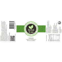 Charger l'image dans la galerie, L'image présente une étiquette de produit pour un complément alimentaire à base d'Astragale (Astragalus membranaceus), sous la marque "Herbal D-tox". Le produit est décrit comme 100 % naturel et contient 100 gélules de 500 mg chacune. L'étiquette inclut des informations telles que le code-barres, un code QR, et des détails de composition et de posologie. Elle met en avant les bienfaits naturels du produit et fournit des informations sur ses composants et ses utilisations potentielles.