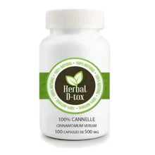 Charger l'image dans la galerie, L'image montre un flacon de "Herbal D-tox" avec 100 gélules de 500 mg de cannelle (Cinnamomum verum) 100 % naturelle.