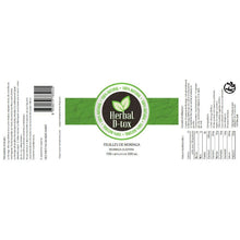 Charger l'image dans la galerie, L'image montre une étiquette de "Feuilles de Moringa" par Herbal D-tox, avec 100 capsules de 500 mg, mettant en avant les valeurs nutritionnelles et la composition.