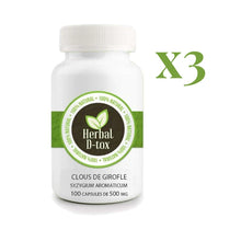 Charger l'image dans la galerie, L'image montre un flacon de "Herbal D-tox" avec 100 gélules de 500 mg de clou de girofle (Syzygium aromaticum) 100 % naturel, en lot de trois