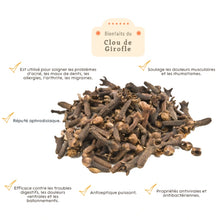 Charger l'image dans la galerie, L'image montre des clous de girofle avec leurs bienfaits : soulage les douleurs, propriétés antivirales, antiseptiques, et aide à la digestion.