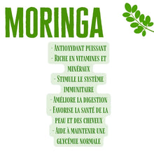 Charger l'image dans la galerie, L'image liste les bienfaits du moringa : antioxydant, riche en vitamines, stimule l'immunité, améliore la digestion, favorise la santé de la peau et des cheveux, et aide à maintenir la glycémie.