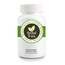 Charger l'image dans la galerie, L'image montre un flacon de "Herbal D-tox" à base de feuilles de séné (Cassia angustifolia), contenant 100 gélules de 500 mg chacune