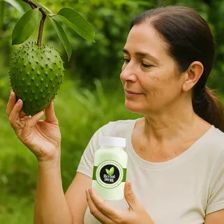  Femme observant un corossol vert tout en tenant un complément alimentaire naturel pour la santé. 