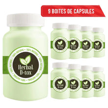 Charger l&#39;image dans la galerie, Neuf flacons Herbal D-tox avec inscription &#39;1 mois de cure&#39; en rouge, entourés d&#39;éclaboussures vertes.