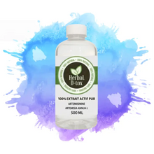 Charger l&#39;image dans la galerie, L&#39;image montre une bouteille d&#39;eau transparente avec une étiquette &quot;Herbal D-tox&quot;. L&#39;étiquette met en avant le caractère 100 % naturel du produit, il  s&#39;agir d&#39;un extrait liquide d&#39;armoise annua L. La bouteille est placée sur un fond coloré avec des éclaboussures de peinture bleue et violette, donnant une impression de fraîcheur et de vitalité. 