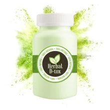 Charger l&#39;image dans la galerie, Flacon de Herbal D-tox avec fond vert éclaboussé, mettant en avant un produit 100% naturel.