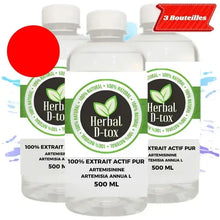 Cargar imagen en el visor de la galería, L&#39;image montre trois bouteilles d&#39;eau transparente avec une étiquette &quot;Herbal D-tox&quot;. L&#39;étiquette met en avant le caractère 100 % naturel du produit, il  s&#39;agir d&#39;un extrait liquide d&#39;armoise annua L. La bouteille est placée sur un fond coloré avec des éclaboussures de peinture bleue et violette, donnant une impression de fraîcheur et de vitalité. 
