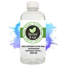 Cargar imagen en el visor de la galería, L&#39;image montre une bouteille d&#39;eau transparente avec une étiquette &quot;Herbal D-tox&quot;. L&#39;étiquette met en avant le caractère 100 % naturel du produit, il  s&#39;agir d&#39;un extrait liquide d&#39;armoise annua L. La bouteille est placée sur un fond coloré avec des éclaboussures de peinture bleue et violette, donnant une impression de fraîcheur et de vitalité. 