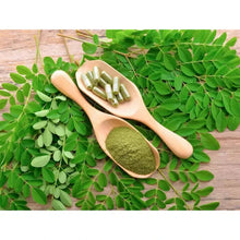 Charger l&#39;image dans la galerie, L&#39;image montre des feuilles de moringa avec des gélules et de la poudre dans des cuillères en bois, présentant ses formes de consommation.