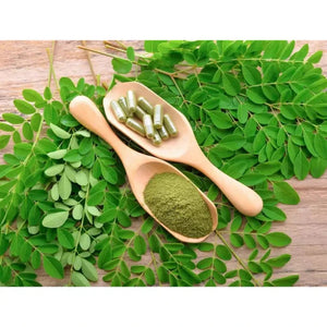 L'image montre des feuilles de moringa avec des gélules et de la poudre dans des cuillères en bois, présentant ses formes de consommation.