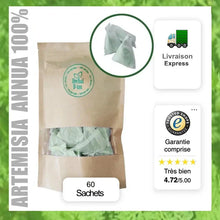 Charger l'image dans la galerie, L'image présente un paquet de 60 sachets d'Artemisia annua 100 % naturel de la marque "Herbal D-tox". Le produit est livré avec une garantie de satisfaction et a une note de 4,72 sur 5.