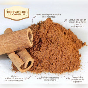 L'image montre de la cannelle en poudre et en bâtons, mettant en avant ses bienfaits : antibactérienne, anti-inflammatoire, stimulant immunitaire, et aidant à la digestion.