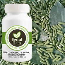 Charger l&#39;image dans la galerie, Flacon d&#39;Herbal D-tox contenant 100% de corossol (graviola), Annona muricata, avec 130 capsules de 500 mg, entouré de capsules vertes.