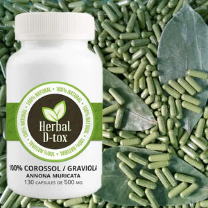 Flacon d'Herbal D-tox contenant 100% de corossol (graviola), Annona muricata, avec 130 capsules de 500 mg, entouré de capsules vertes.