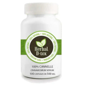 L'image montre un flacon de "Herbal D-tox" avec 100 gélules de 500 mg de cannelle (Cinnamomum verum) 100 % naturelle.