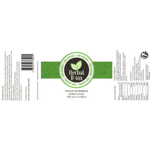 L'image montre une étiquette de "Feuilles de Moringa" par Herbal D-tox, avec 100 capsules de 500 mg, mettant en avant les valeurs nutritionnelles et la composition.