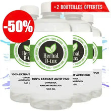 Charger l&#39;image dans la galerie, Promotion sur les bouteilles &quot;Herbal D-tox&quot; : -50 % et 2 bouteilles offertes. Les bouteilles sont disposées sur un fond coloré avec des éclaboussures.