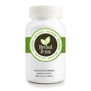 L'image montre un flacon de "Herbal D-tox" contenant chacun 100 gélules de 500 mg de feuilles de moringa (Moringa oleifera).