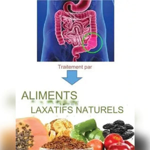 L'image suggère de traiter les problèmes intestinaux avec des aliments laxatifs naturels comme les pruneaux, les graines de lin, les légumes et les fruits.