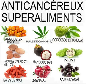 Liste d'aliments anticancéreux : argousier, huile de cannabis, corossol, graines d’abricot, mangoustan, noni, grenade, baies d’açaï.